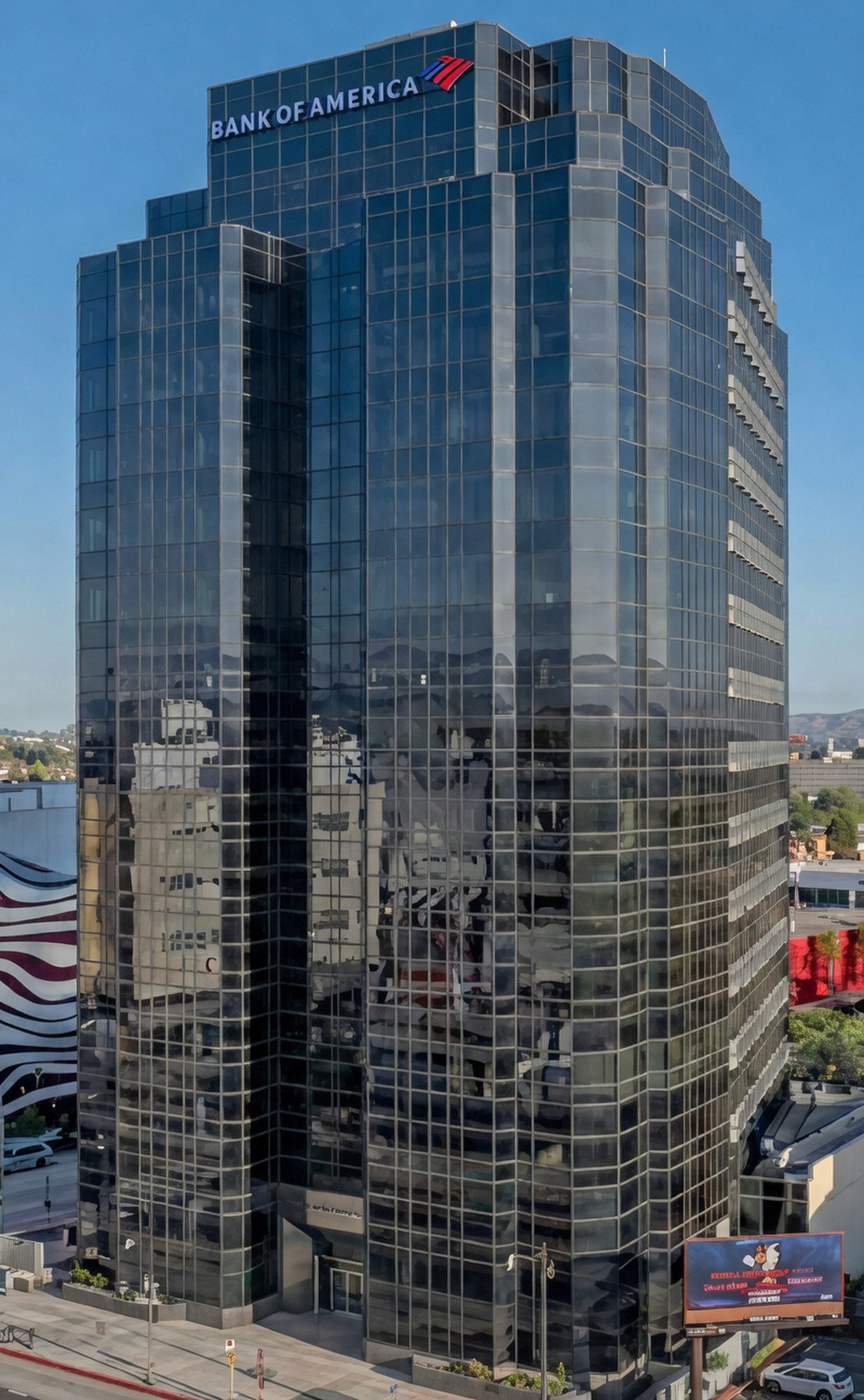 Aerial view of the Bank of America Tower at 6100 Wilshire Boulevard, Los Angeles, beside the Petersen Automotive Museum