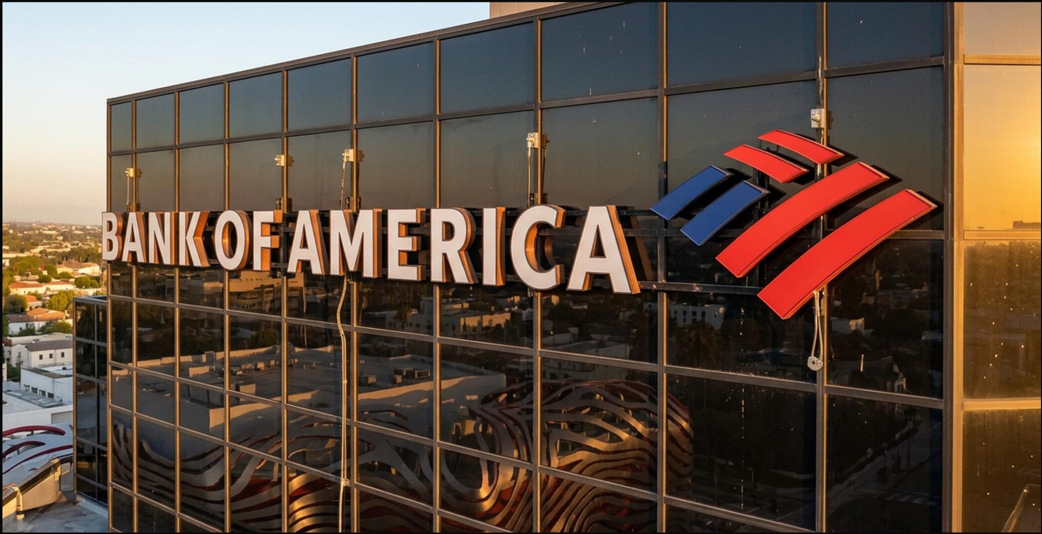 Bank of America wordmark on the tower facade at golden hour